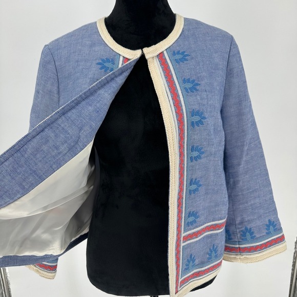 J. McLaughlin Beatrix Blue Chambray Embroidery Linen Blend Open Jacket Women's L - Picture 2 of 11